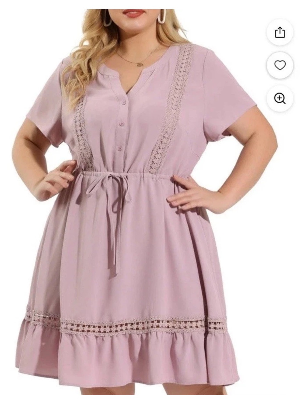 Agnes Orinda Purple Solid A-Line Knee Dress 1X V-Neck Short Sleeve Tie Waist